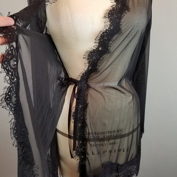 Oh La La Cheri Paris Romantic Sheer Black Lace Robe Women's Size Small / Medium - Picture 8 of 10